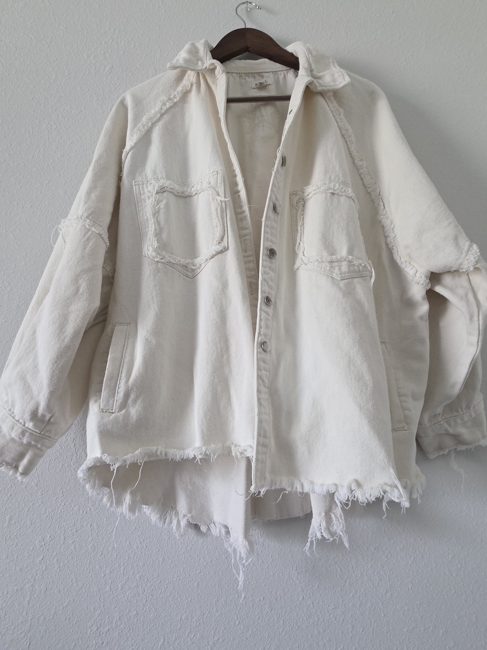POL Cream Distressed Raw-Hem Jacket